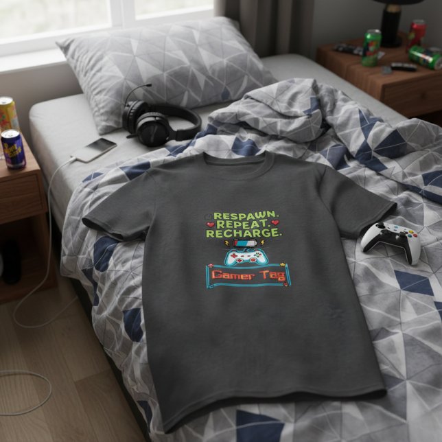 Customizable Gamer Tag "Respawn Repeat Recharge"  T Shirt (Skapare uppladdad)