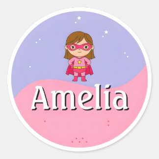 Customizable Girl Superhero Kids Name Sticker Runt Klistermärke