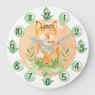Customizable Leaf Baby Fox Nursery Clock Large Stor Klocka