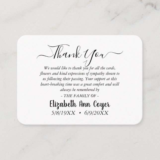 Customizable Memorial Minimalist Thank You Card  Tilläggskort (Framsida)