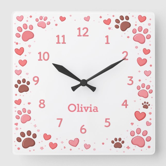 Customizable Name Pet Paw Print Wall Clock Fyrkantig Klocka (Framsida)