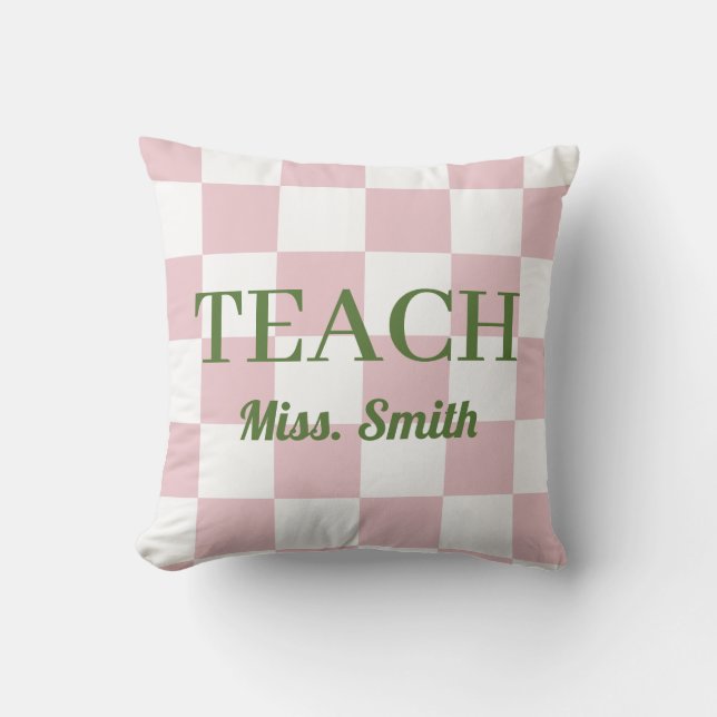 Customizable Name Teach Tote Cute Pink Checkered Kudde (Framsida)