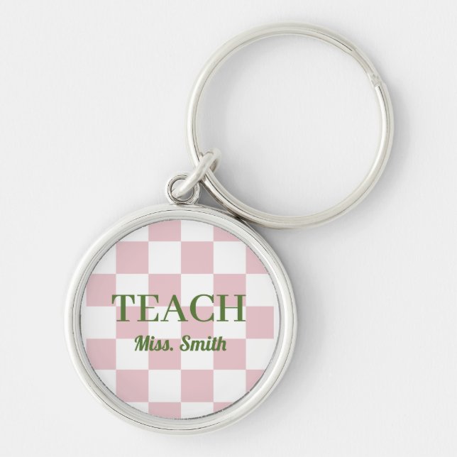 Customizable Name Teach Tote Cute Pink Checkered Rund Silverfärgad Nyckelring (Framsidan)