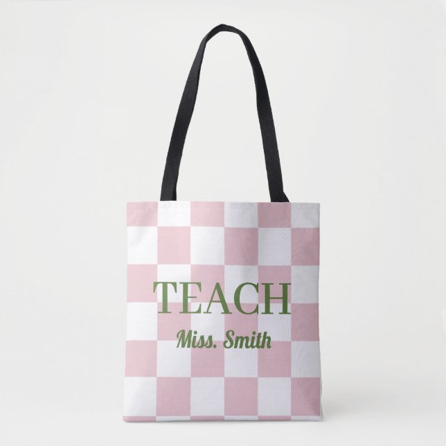 Customizable Name Teach Tote Cute Pink Checkered Tygkasse (Framsida)