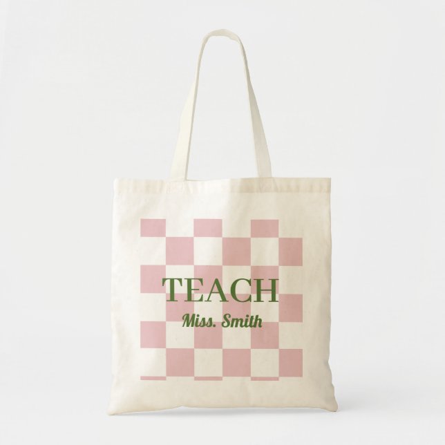 Customizable Name Teach Tote Cute Pink Checkered Tygkasse (Framsidan)