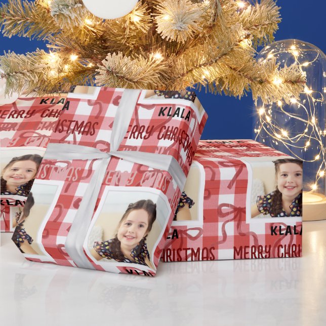 Customizable Photo & Name Christmas Check Ribbon Presentpapper (Helgdagar)