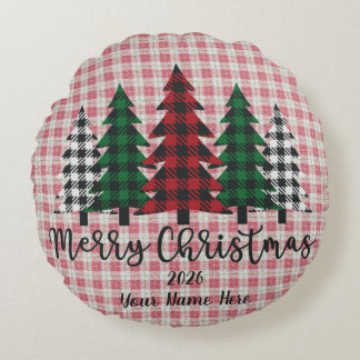 Customizable Plaid Merry Christmas Round Pillow Rund Kudde