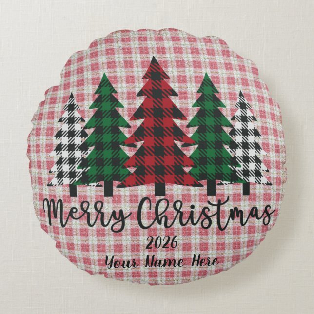 Customizable Plaid Merry Christmas Round Pillow Rund Kudde (Framsidan)