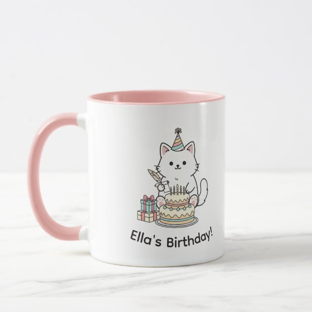 "Customizable" Playful Cat Birthday Cake & Gifts Mugg (Vänster)