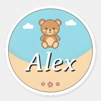 Customizable Round Kids Name Sticker – Teddy Bear Runt Klistermärke