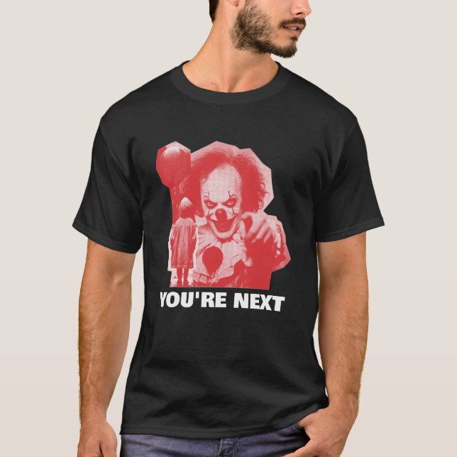 CUSTOMIZABLE SCARY CLOWN WITH BALLOON ADD PHRASE T SHIRT (Framsida)