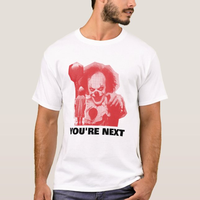 CUSTOMIZABLE SCARY CLOWN WITH BALLOON ADD PHRASE T SHIRT (Framsida)
