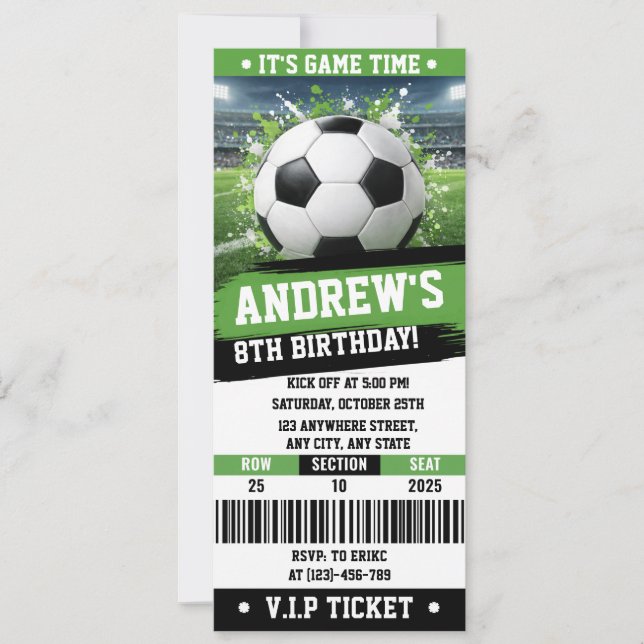 Customizable Soccer Printable Ticket Birthday Inbjudningar (Framsida)