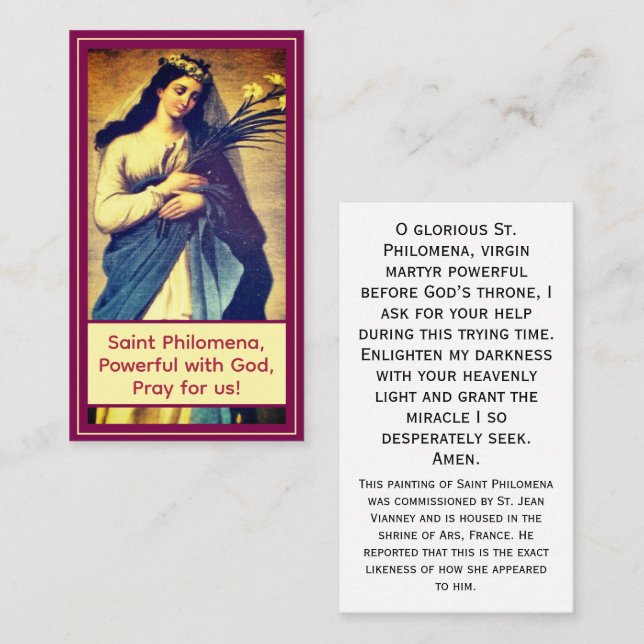Customizable St. Philomena Prayer Card (Fram/baksida)