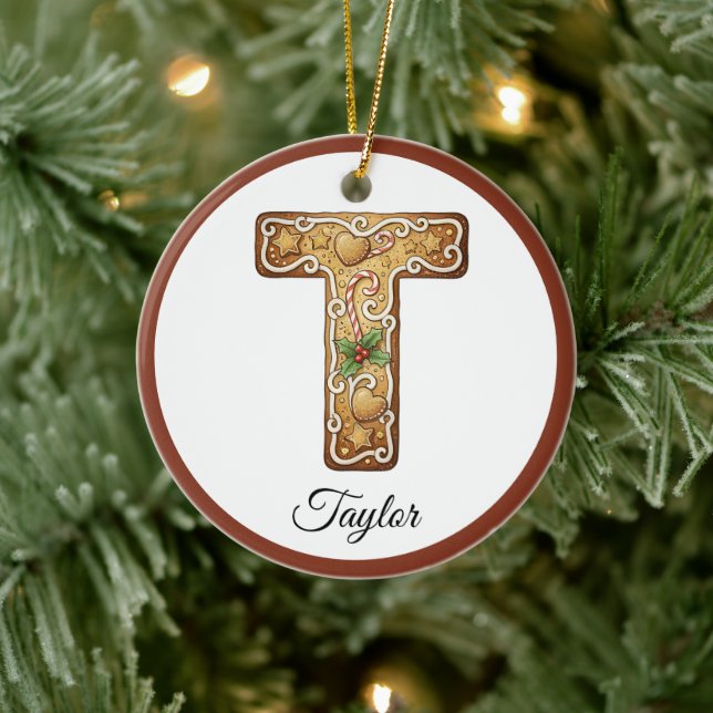 Customize Christmas Gingerbread Letter T Monogram Julgransprydnad Keramik (Träd)