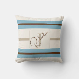 Customized Blue Brown Stripe Monogram Coastal Name Kudde