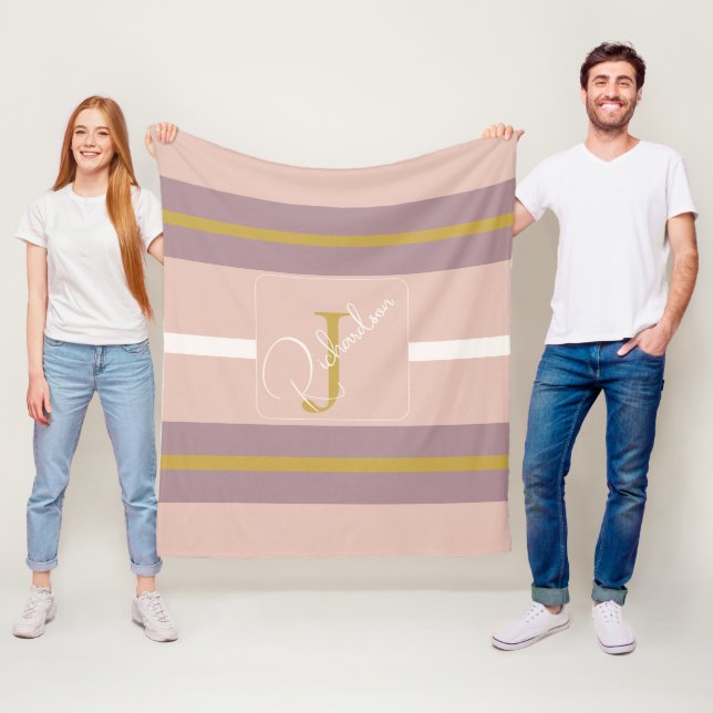 Customized Blush Pink Gold Stripe Monogram Chic  Fleecefilt (På plats)