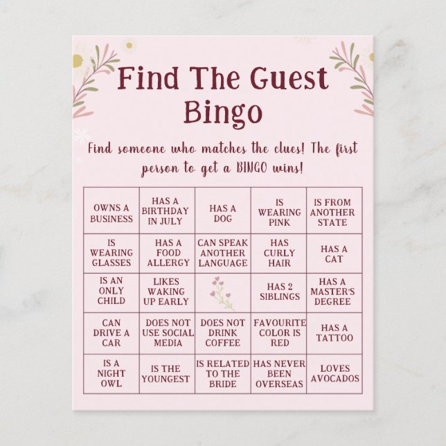 Customized Boho Floral Find The Guest Bingo Game  Flygblad (Framsidan)