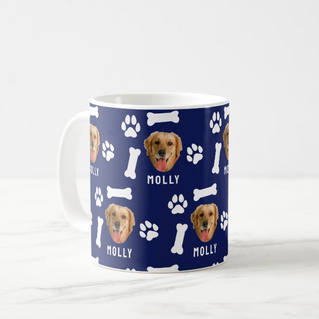 Customized Dog Pet Photo & Name Navy Blue Kaffemugg (Framsida vänster)
