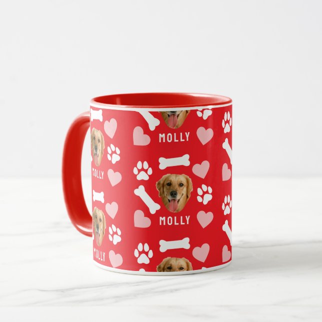 Customized Dog Pet Photo & Name Pink Red Hearts Mugg (Framsida vänster)