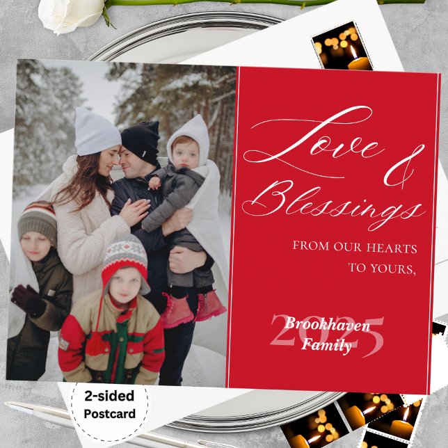 Customized Family Name 1 Photo Year Elegant Script Helg Vykort (Custom Family 1 Photo Elegant Script Holiday Post Card)