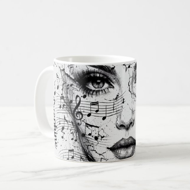 Customized Music Sheet Face Art Black White Artist Kaffemugg (Framsida vänster)