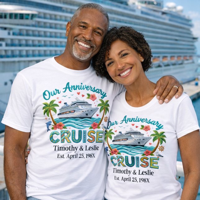 Customized Our Anniversary Cruise Faux Embroidery T Shirt (Personalized Matching Anniversary Cruise Shirts. Checkout Collection for matching Cruise decorations)