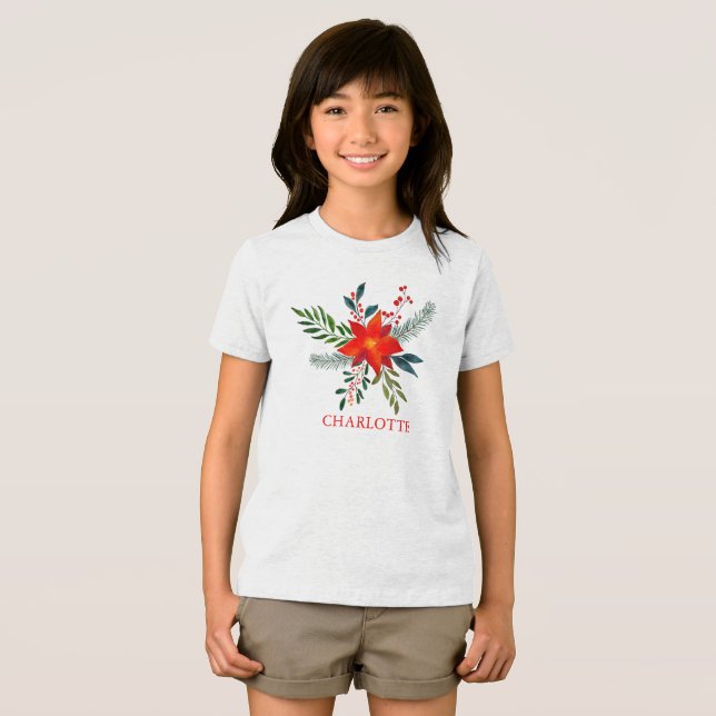 Customized Red Poinsettia God jul T Shirt (Framsida Full)