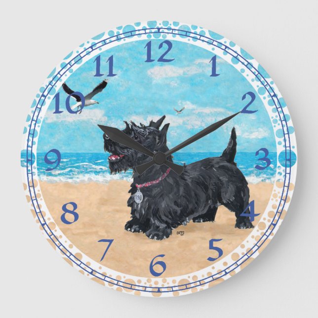 CUSTOMIZED Scottish Terrier Beach Clock Stor Klocka (Framsida)