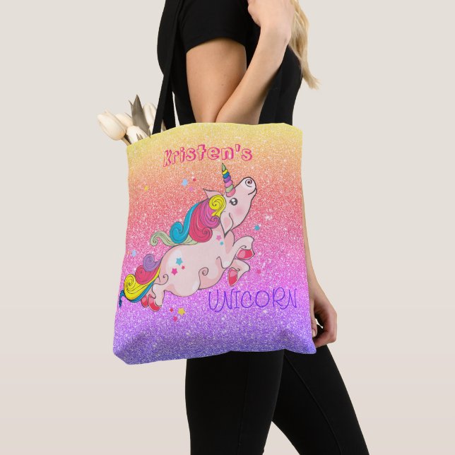 CustomText/Rainbow Kawaii Unicorn Glitter Ombre Tygkasse (Närbild)