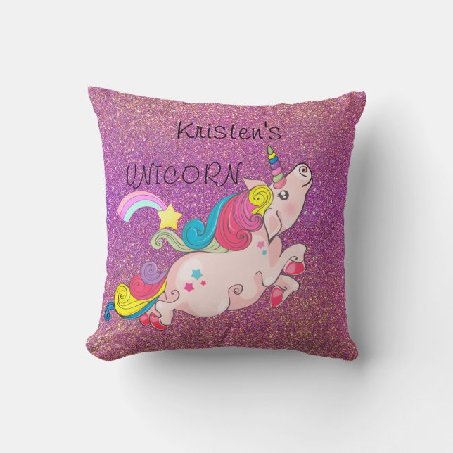 CustomText/Unicorn Kawaii Rainbow Ombre Glitter Kudde (Framsida)