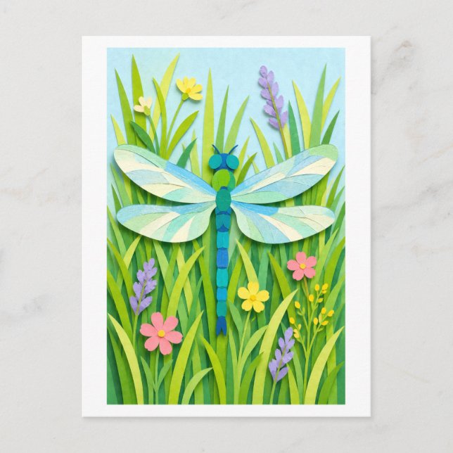 Cut Paper Collage-Style Dragonfly Vykort (Framsida)