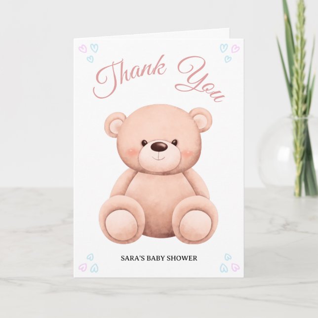 Cut Teddy Bear, Pastel Girl Baby Shower Folded Tack Kort (Framsida)