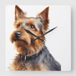 CUTBROWN & GRÅTT AUSTRALIAN TERRIER HUND FYRKANTIG KLOCKA