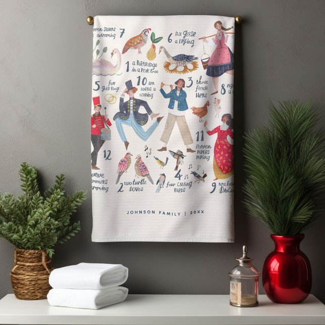 Cute 12 dagar gammal julklapp kökshandduk (12 Days of Christmas Traditional Classic Illustration Tea Towel Holiday gift.)