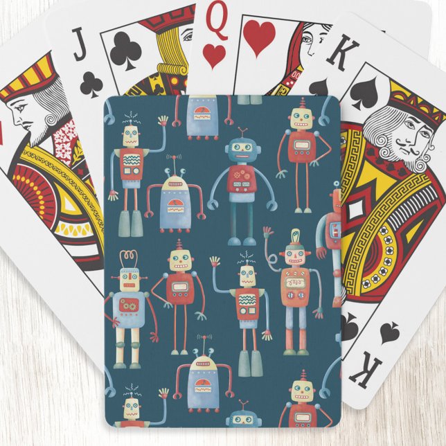 Cute 1950-talets Stil Retro Robot Mönster Mörk Casinokort (Fun retro robot pattern art playing cards)