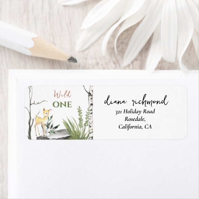 Cute 1st Birday Vild One Brown Fawn & Träd Returadress Etikett (Insitu)