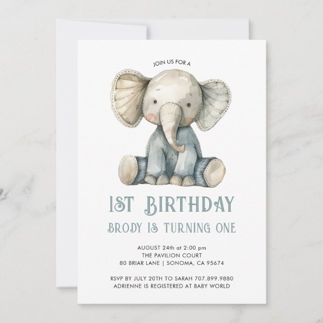 Cute 1st Birthday Blue Stuffed Elephant Leksak Inbjudningar (Framsida)