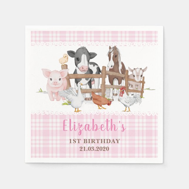 Cute 1st Birthday Boskap Barnyard Kids Pappersservett (Framsidan)