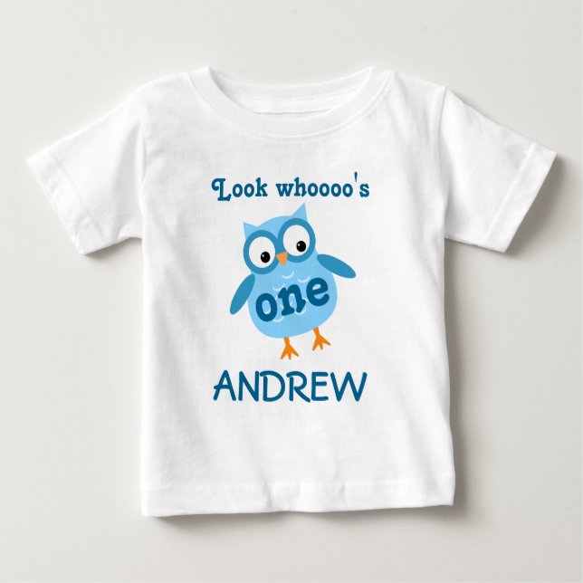 Cute 1st Birthday Boy Uggla Blue A01 Tee Shirt (Framsida)