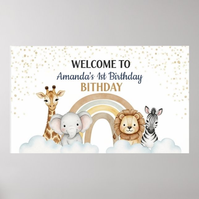 Cute 1st Birthday Safari Animals Paper Poster (Framsidan)