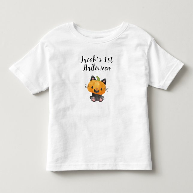 Cute 1st Halloween Pumpkin Cat med Namn T Shirt (Framsida)