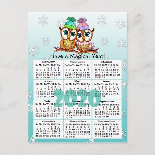 Cute 2020 Whimsical Uggla Mini Calendar Vykort (Framsida)