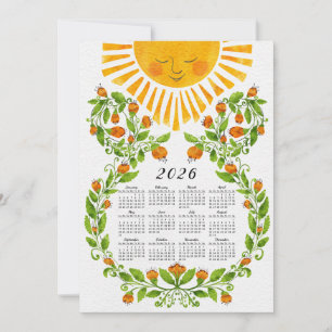 Cute 2026 Calendar Sol and Orange Flowers Julkort