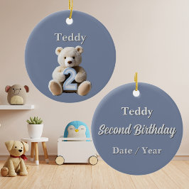 Cute 2nd Birthday Blue Nalle Keepsak Julgransprydnad Keramik