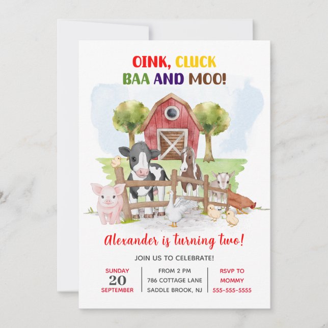 Cute 2nd Birthday Boskap Barnyard Kids Inbjudningar (Framsida)