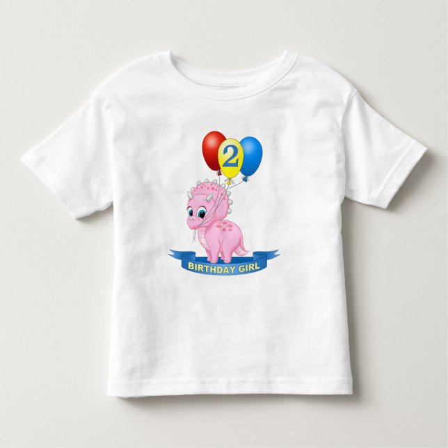 Cute 2nd Birthday Girl Rosa Baby Triceratops Dino T-shirt (Framsida)