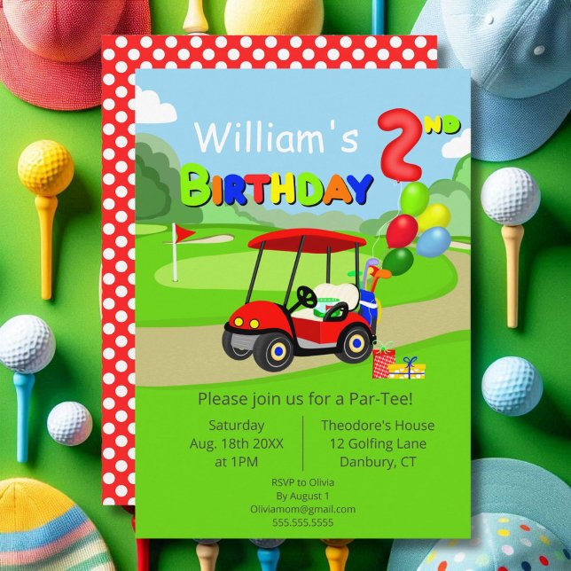 Cute 2nd Birthday Red Golf Cart Boy's Inbjudningar (Skapare uppladdad)