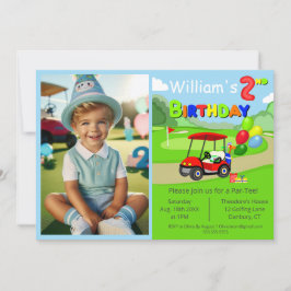 Cute 2nd Photo Birthday Red Golf Cart Boy's Inbjudningar