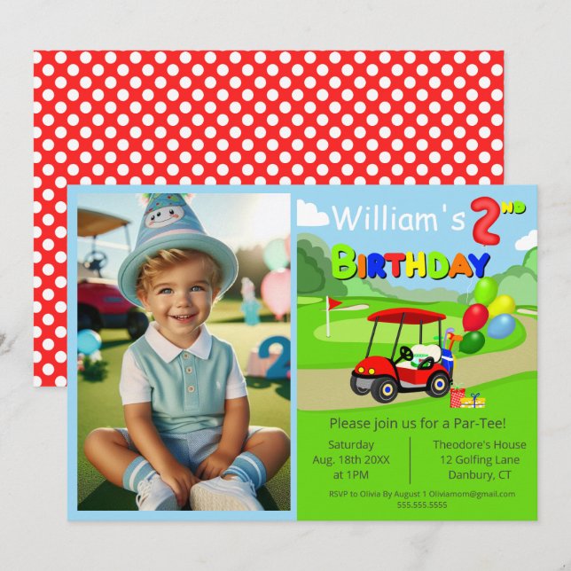 Cute 2nd Photo Birthday Red Golf Cart Boy's Inbjudningar (Fram/baksida)